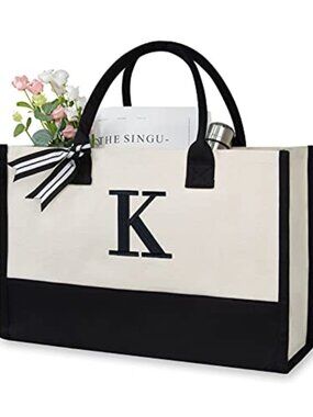 Personalized Initial Canvas Beach Tote, Monogrammed Gift Bag for Women, Heavy